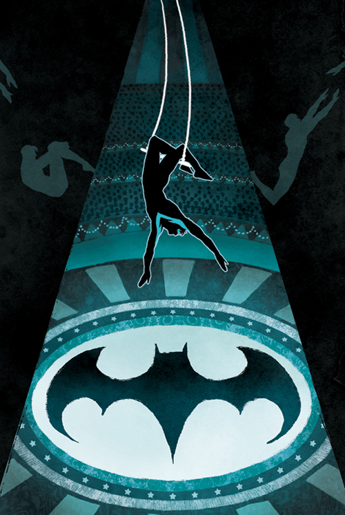 1boy bat_(symbol) batman_(series) bodysuit circus dc_comics dick_grayson male_focus nightwing solo spotlight trapeze upside-down
