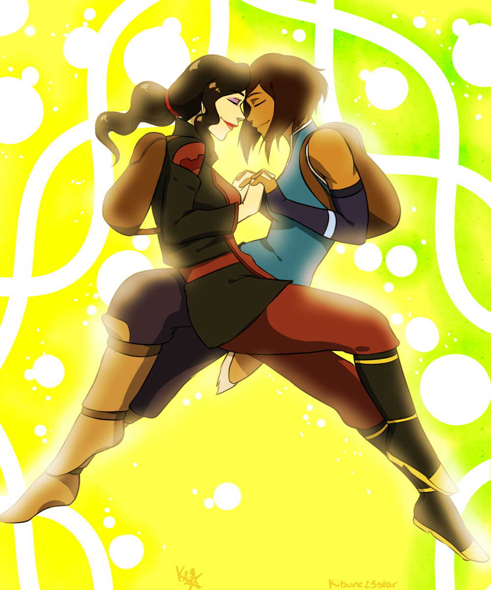 2girls asami_sato avatar:_the_last_airbender backpack bag bare_shoulders boots closed_eyes couple dark_skin elbow_gloves fingerless_gloves gloves interlocked_fingers kitsune23star korra lipstick makeup multiple_girls ponytail red_lipstick short_hair sleeveless spoilers the_legend_of_korra yuri