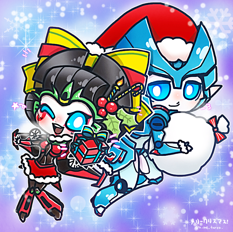 2girls autobots bag blue_eyes breasts chibi christmas chromia gift hat mecha_girl multiple_girls ribbon santa_hat skirt transformers umetarou_(jack_sgt) windblade_(transformers) wings wink