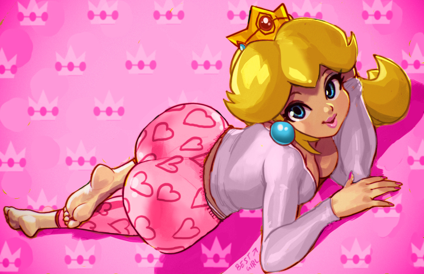 1girl ass barefoot blonde_hair blue_eyes breasts cleavage crown earrings edit feet heart huge_ass jewelry lips lipstick looking_at_viewer lying makeup super_mario_bros. nintendo photoshop pink_lips princess_peach robert_porter soles solo super_mario_bros. thong toes wide_hips