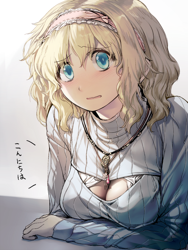 1girl alice_margatroid alternate_costume blonde_hair blue_eyes blush breasts cleavage cleavage_cutout geppewi jewelry looking_at_viewer necklace open-chest_sweater open_mouth ribbed_sweater short_hair simple_background sketch solo sweater touhou translated