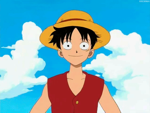 1boy animated animated_gif clouds hat male_focus monkey_d_luffy one_piece sky smile straw_hat teeth vest wave