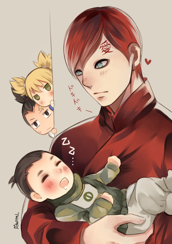 baby black_hair blonde_hair chibi child facial_mark family forehead_mark gaara nara_shikadai nara_shikamaru naruto naruto:_the_last quad_tails raemin redhead saliva sleeping temari topknot translation_request