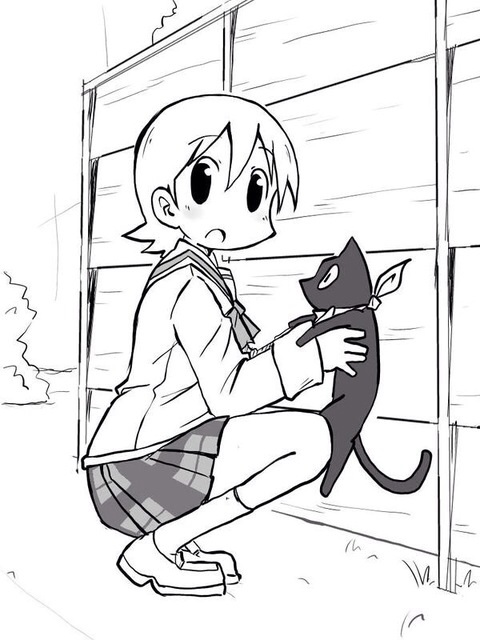 aioi_yuuko black_cat cat holding monochrome nichijou sakamoto_(nichijou) scarf squatting zubatto