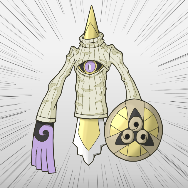 10s aegislash cleavage_cutout cyclops no_humans one-eyed open-chest_sweater pokemon pokemon_(game) pokemon_xy shield sweater sword violet_eyes weapon you're_doing_it_wrong