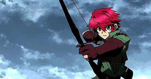 animated animated_gif arrow blood bow brown_gloves fighting gloves madan_no_ou_to_vanadis multiple_boys red_eyes redhead tigrevurmud_vorn