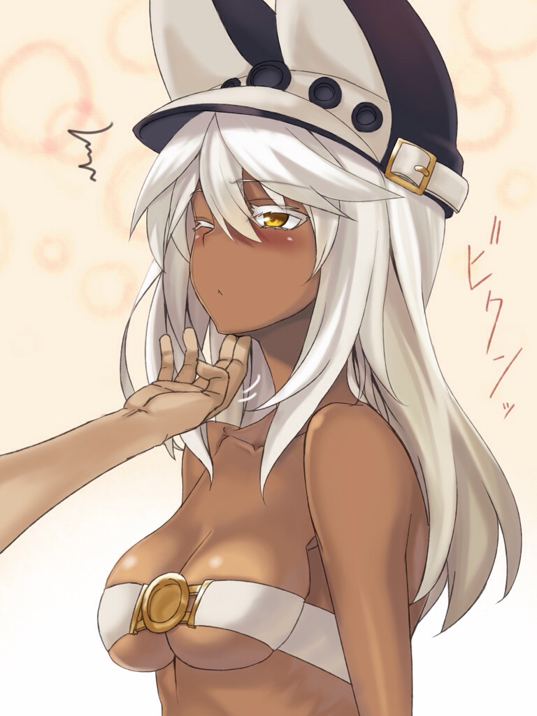 /\/\/\ 1girl bare_shoulders beltbra blush breasts collarbone colored_eyelashes dark_skin guilty_gear guilty_gear_xrd hand_on_another's_chin hat long_hair one_eye_closed ramlethal_valentine sengoku_aky sideboob solo_focus white_eyelashes white_hair yellow_eyes
