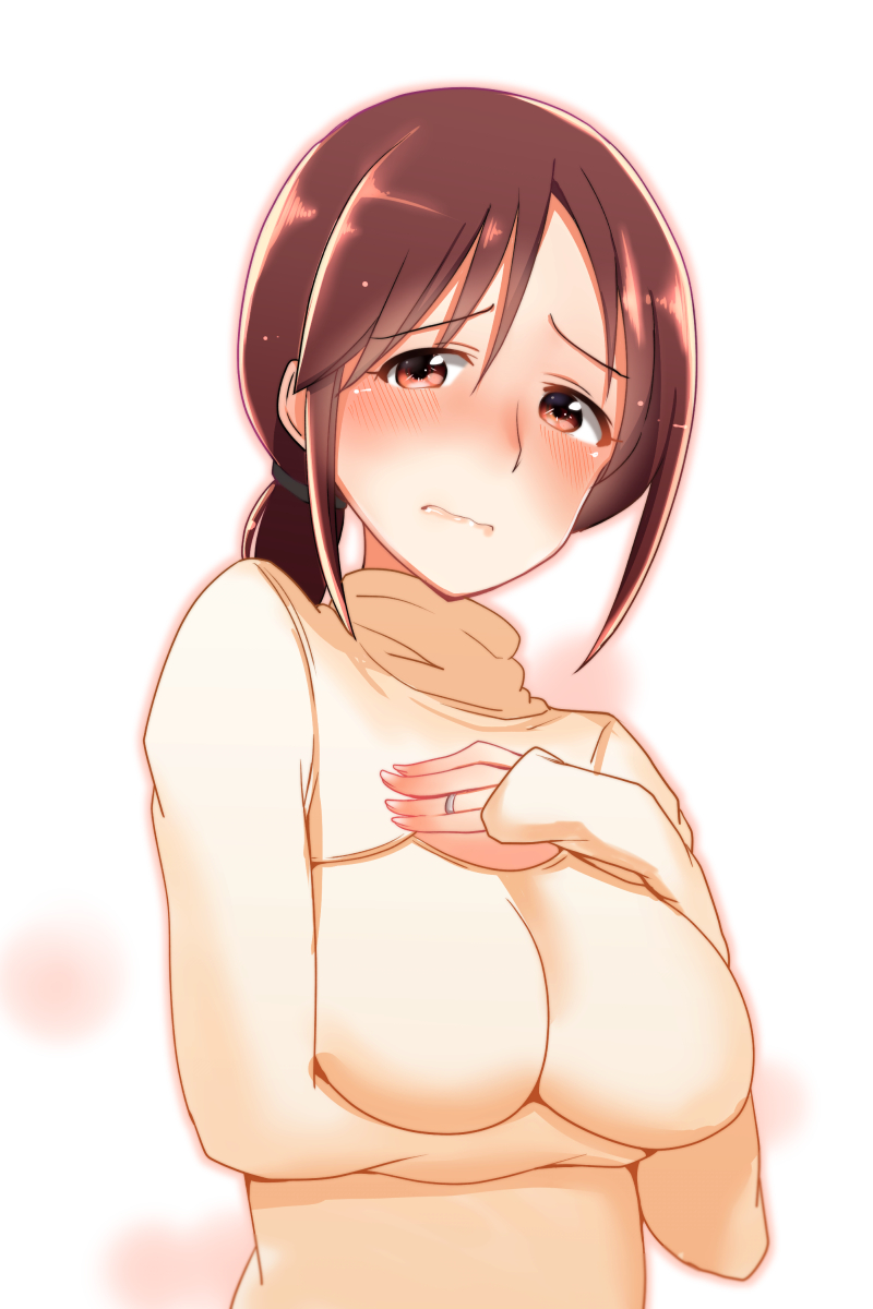 1girl arito_arayuru blush breast_hold brown_eyes brown_hair cleavage_cutout covering covering_breasts female frown highres idolmaster idolmaster_cinderella_girls jewelry long_hair long_sleeves looking_at_viewer mifune_miyu open-chest_sweater ponytail ring solo sweater turtleneck wedding_band