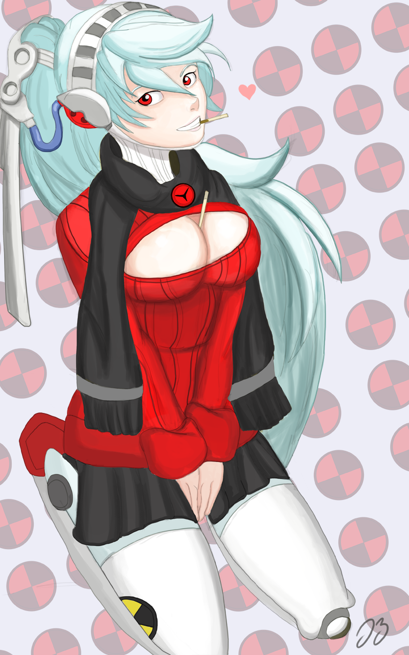 1girl android atlus blue_hair breasts labrys long_hair megami_tensei open-chest_sweater persona persona_4 persona_4:_the_ultimate_in_mayonaka_arena pocky ponytail red_eyes scarf shin_megami_tensei skirt sweater