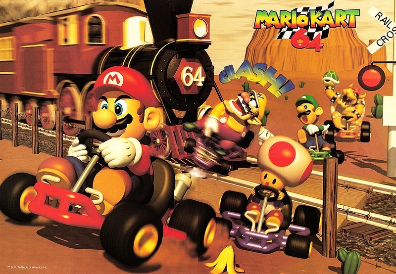 1996 3d 90s banana_peel blue_eyes bowser brown_hair copyright_name desert facial_hair hat kart luigi mario super_mario_bros. mario_kart mario_kart_64 miyamoto_shigeru mustache nintendo nintendo_ead official_art railroad_crossing shell super_mario_bros. toad_(mario) train wario