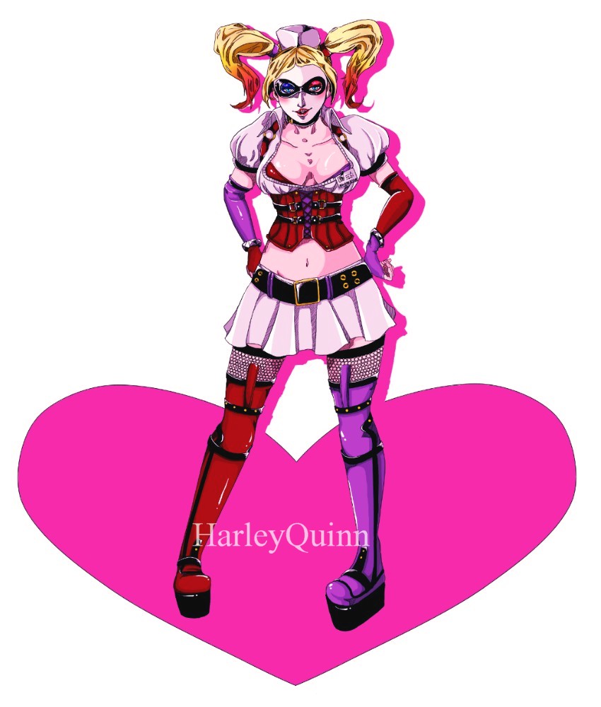 1girl batman:_arkham batman:_arkham_asylum batman_(series) blonde_hair boots breasts character_name dc_comics domino_mask elbow_gloves female fishnet_legwear fishnets gloves harley_quinn hat heart legwear mask mismatched_legwear nurse nurse_cap skirt thigh-highs thigh_boots twintails