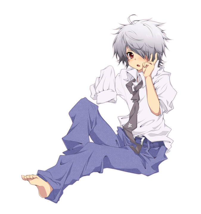 1boy bad_id barefoot child feet lag_seeing male_focus necktie on_(snow77) pants shirt short_hair simple_background sitting solo tegami_bachi toes white_background