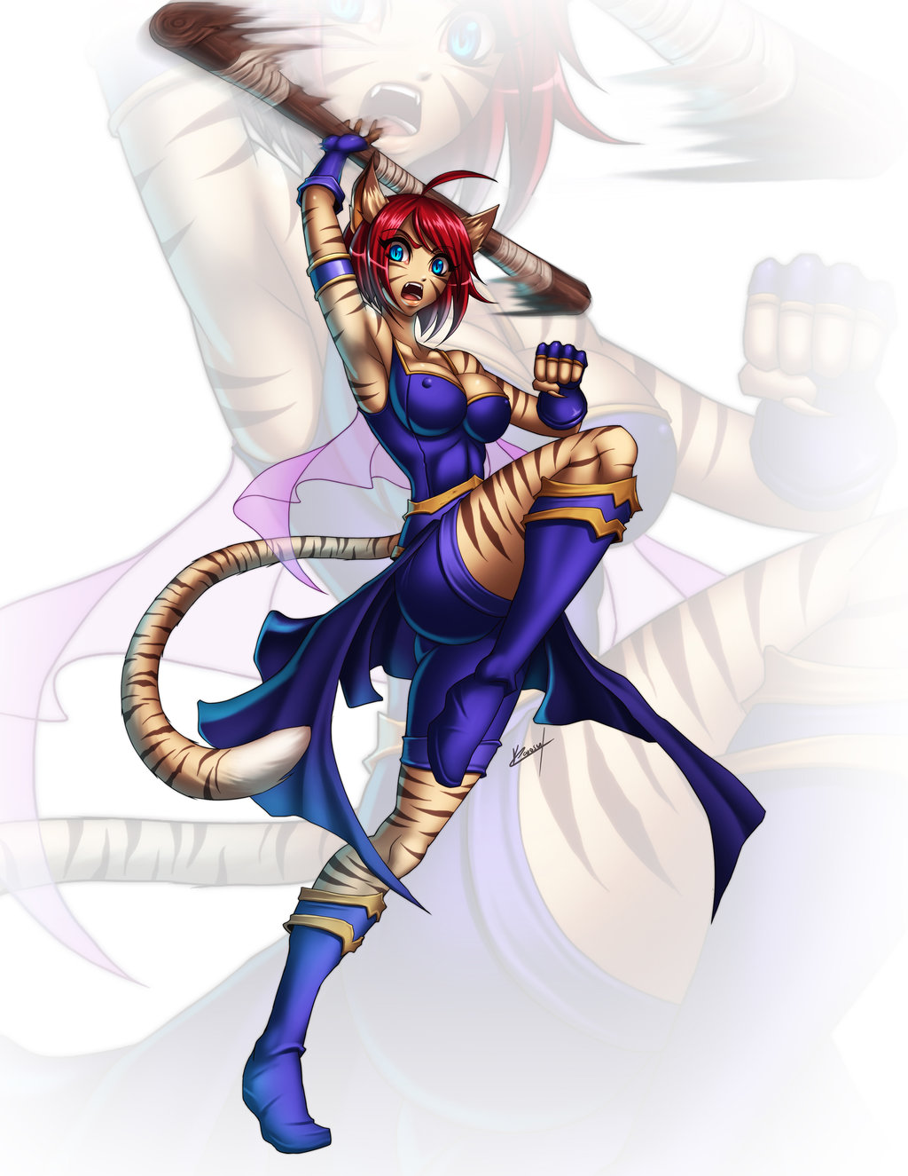 1girl animal_ears blue_eyes breasts breath_of_fire cat_ears fur highres karosu-maker medium_breasts nipples redhead rinpoo_chuan spinning staff tail tiger_stripes white_background