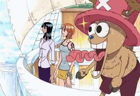 1boy 2girls animated animated_gif bangs bare_shoulders black_hair bracelet clouds cloudy_sky collarbone collared_shirt hat horns jewelry long_hair long_sleeves looking_to_the_side lowres miniskirt multiple_girls nami_(one_piece) nico_robin one_piece open_mouth orange_hair outdoors pants pink_hat profile shiny shiny_hair ship shirt short_hair skirt sky sleeveless sleeveless_shirt standing striped sweat tank_top tattoo teeth tongue tongue_out tony_tony_chopper watercraft white_shirt yellow_skirt