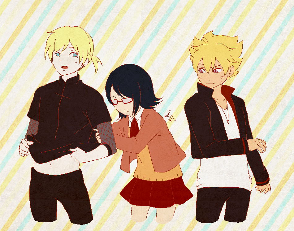 1girl 2boys black_hair blonde_hair blue_eyes glasses multiple_boys naruto naruto:_the_last naruto_shippuuden navel pale_skin skirt uchiha_sarada uzumaki_boruto violet_eyes yamanaka_inojin ysue-chan