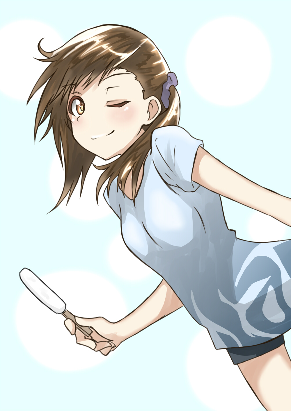 1girl brown_hair female food ice_cream nisekoi onodera_haru popsicle shounen_jump shunichi sky solo standing tagme wink