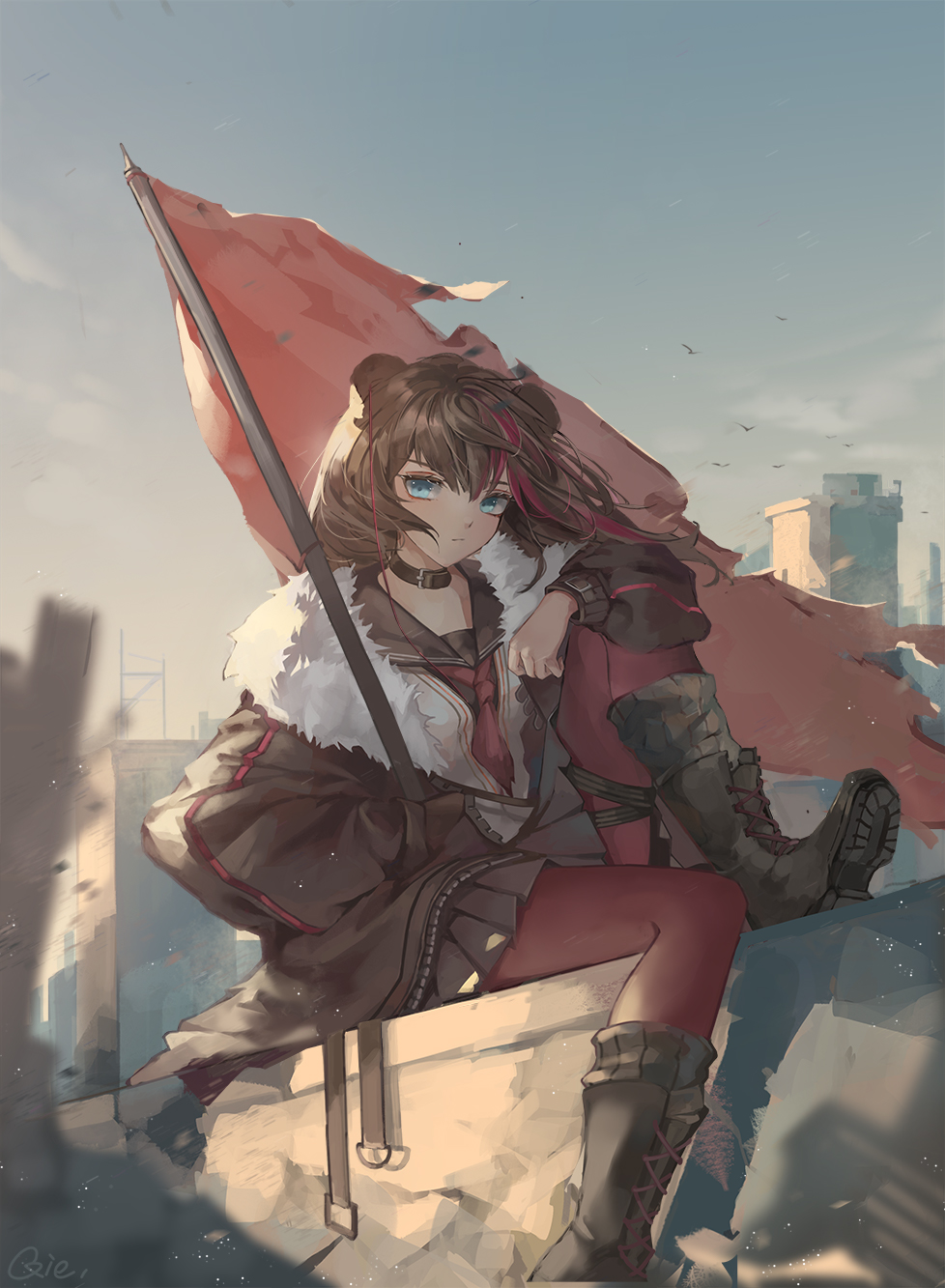 1girl animal_ears arknights arms_on_knees bear_ears black_hair black_jacket black_skirt blue_eyes boots brown_footwear brown_hair chain choker closed_mouth cross-laced_footwear earphones expressionless flag flagpole fur_trim highres jacket lace-up_boots long_hair looking_at_viewer miniskirt multicolored_hair necktie off_shoulder open_clothes open_jacket pantyhose pleated_skirt qie red_legwear redhead sailor_collar shirt shoe_soles short_necktie sitting skirt socks solo strap streaked_hair undershirt white_shirt zima_(arknights)