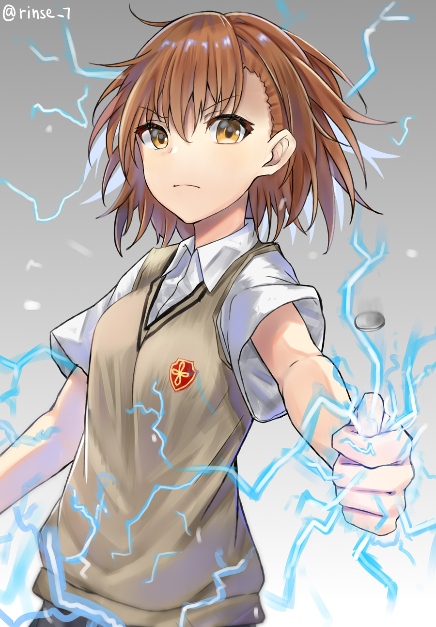 1girl angry bangs breasts brown_eyes brown_hair coin commentary eyebrows_visible_through_hair frown highres lightning looking_at_viewer medium_breasts misaka_mikoto rinse_7 school_uniform short_hair short_sleeves solo to_aru_kagaku_no_railgun to_aru_majutsu_no_index v-shaped_eyebrows