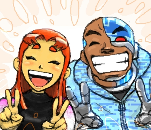 1boy 1girl alien alternate_costume closed_eyes cyborg cyborg_(dc) dark_skin dc_comics double_v hood hoodie open_mouth smile starfire teen_titans teeth v victor_stone