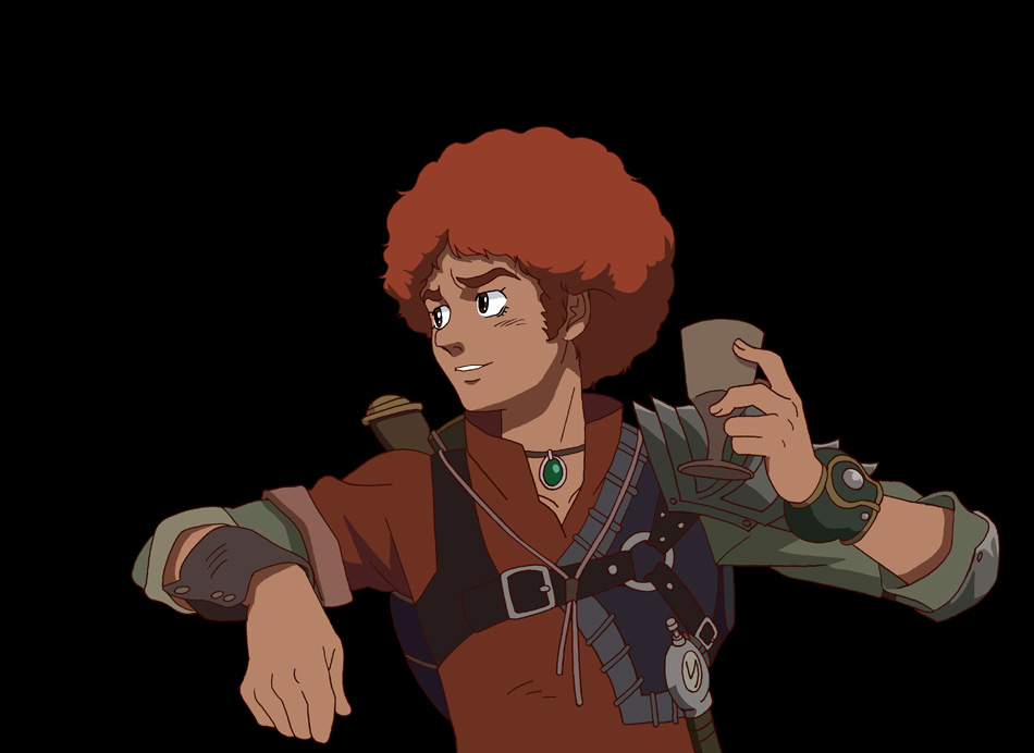 1boy afro armor black_background brown_eyes cosmo_yuki cosplay crossover cup densetsu_kyojin_ideon drink favaro_leone goblet jewelry male_focus necklace redhead sei009 shingeki_no_bahamut shingeki_no_bahamut:_genesis solo