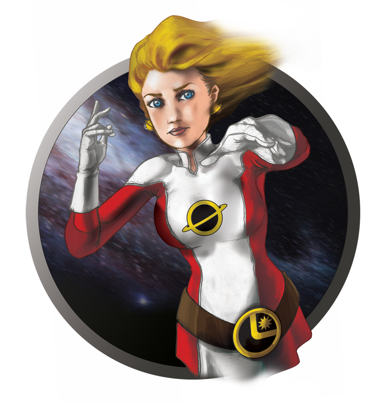 1girl belt blonde_hair blue_eyes bodysuit circle dc_comics dress earrings emblem gloves jewelry legion long_sleeves looking_at_viewer saturn saturn_girl solo space telepathy transparent_background white_gloves