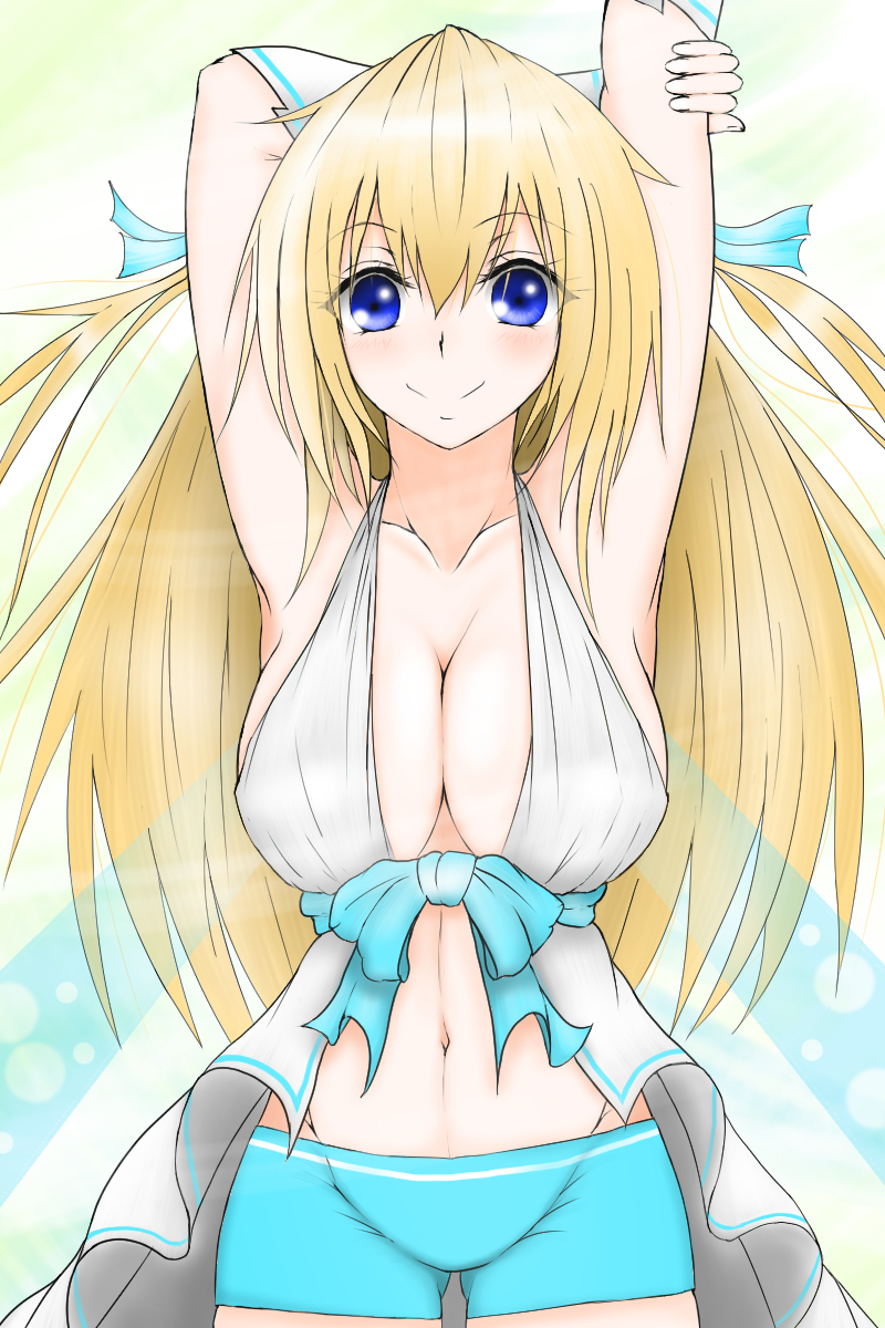 1girl amagi_brilliant_park artist_request blonde_hair blue_eyes breasts cleavage hair_ribbon highres large_breasts long_hair navel ribbon smile solo standing sylphy_(amaburi) tagme