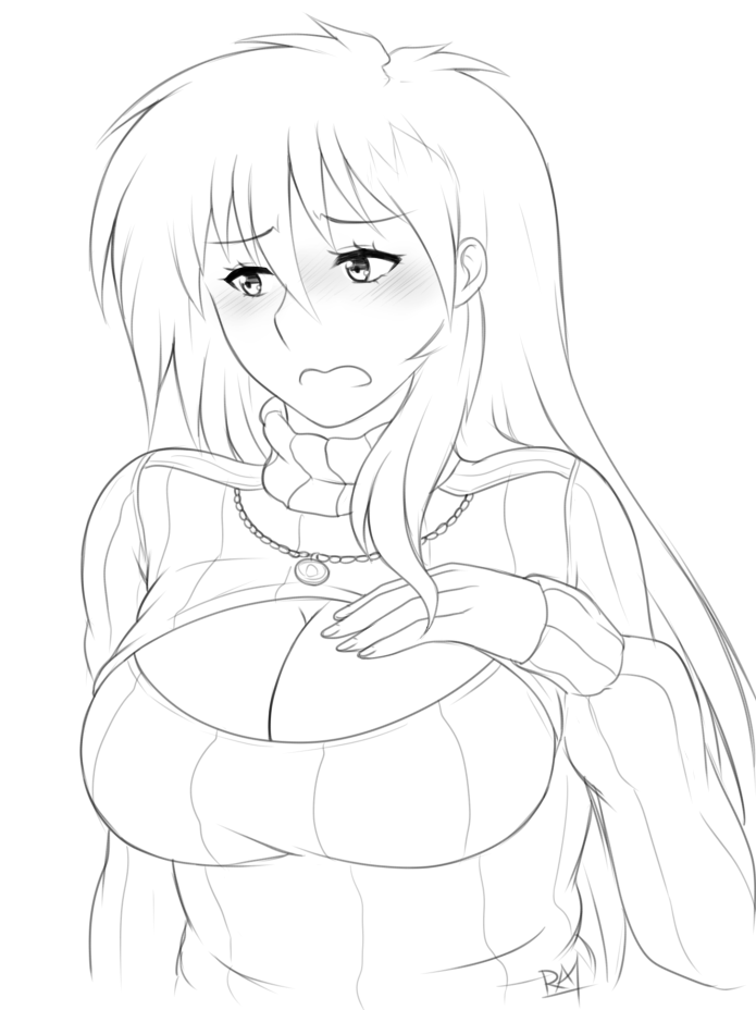 1girl blush breasts cleavage cleavage_cutout kira large_breasts long_hair monochrome open-chest_sweater open_mouth ra1 ribbed_sweater solo sweater turtleneck