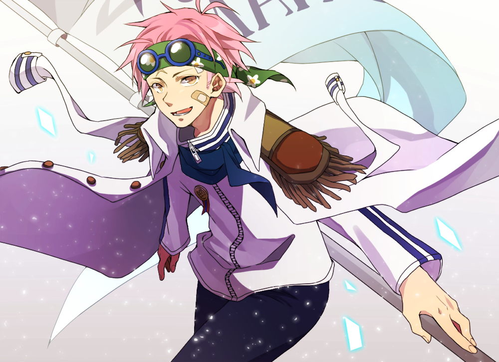 1boy bandage brown_eyes flag glasses glasses_on_head headband kobi looking_at_viewer mako1124 male_focus marine one_piece open_mouth pink_hair scarf smile solo uniform zipper