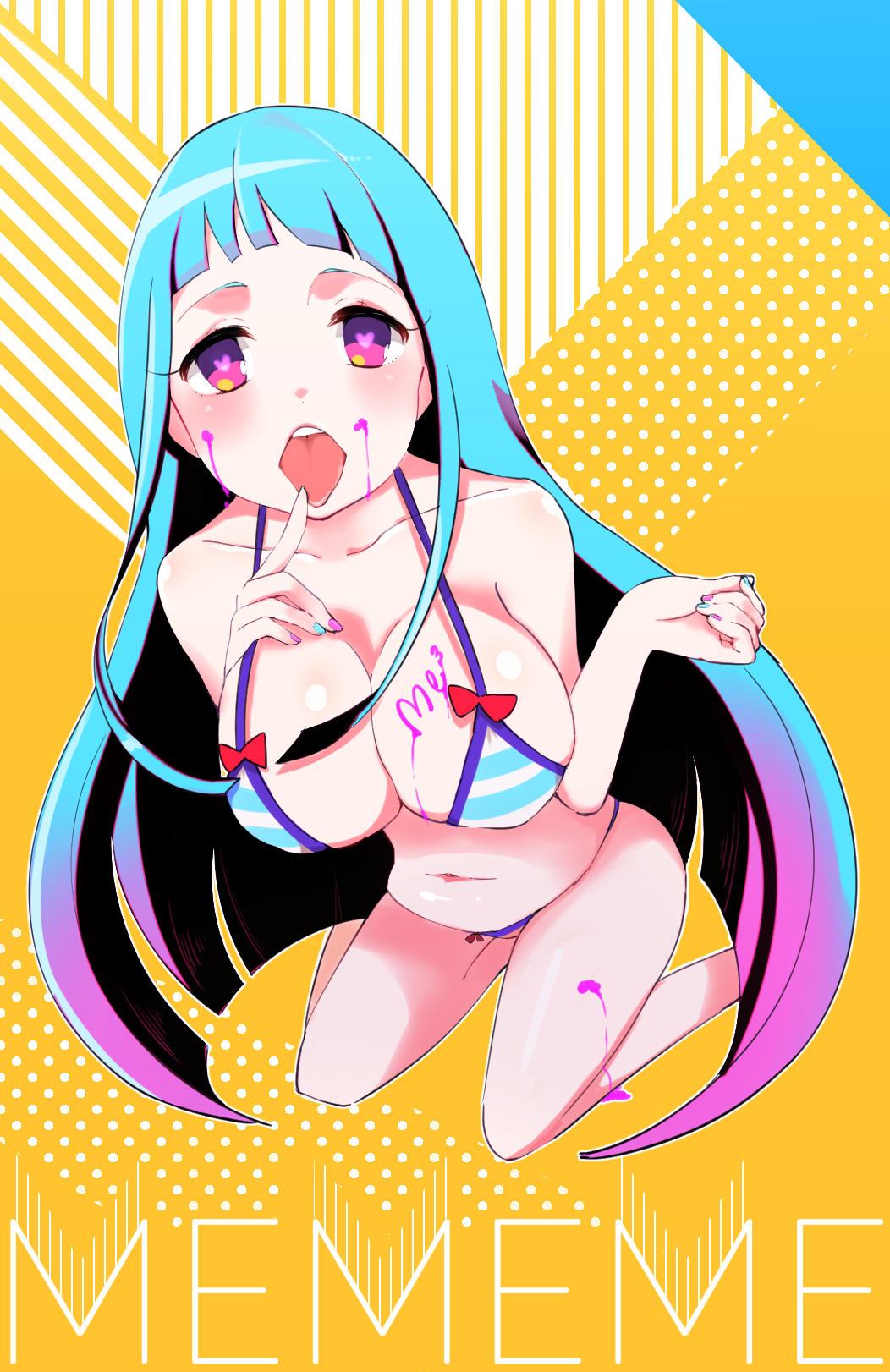 1girl bangs bikini blue_hair blunt_bangs body_writing bow breasts cleavage copyright_name drooling finger_to_mouth heart heart-shaped_pupils highres kneeling large_breasts long_hair me!me!me! meme_(me!me!me!) nail_polish nkk solo swimsuit symbol-shaped_pupils tongue tongue_out very_long_hair violet_eyes