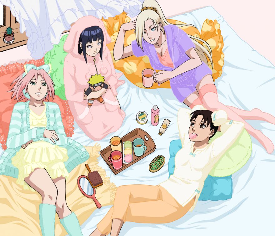 4girls bed blonde_hair bow brown_hair brush cup doll double_bun haruno_sakura hyuuga_hinata lying macaroon mirror mug multiple_girls naruto naruto_shippuuden official_art pajamas pillow pink_hair ponytail purple_hair tenten thigh-highs tray uzumaki_naruto yamanaka_ino