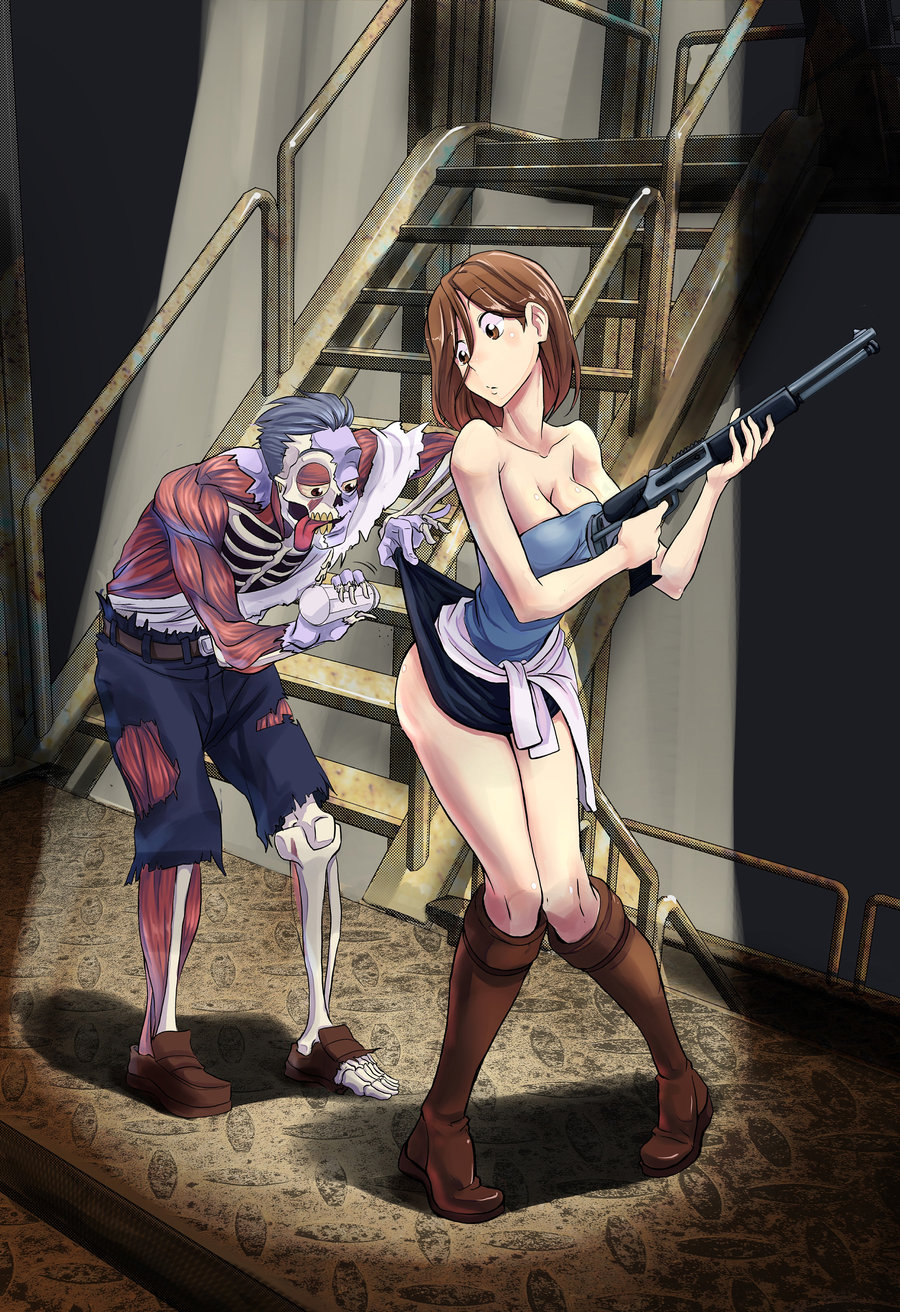 1boy 1girl ass bare_shoulders boots breasts brown_eyes brown_hair cleavage gun indoors jill_valentine knees_together_feet_apart looking_back miniskirt monster nisego resident_evil resident_evil_3 salt_shaker short_hair shotgun skirt skirt_lift stairs tongue tongue_out torn_clothes tubetop weapon zombie