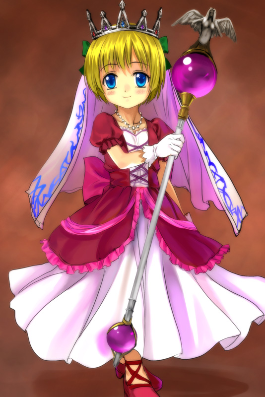 1girl bianca's_daughter blonde_hair blue_eyes crown dragon_quest dragon_quest_v dress gown mutsuki_(moonknives) princess slippers solo staff veil