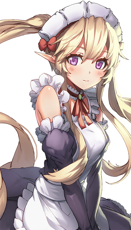 1girl [saw] blonde_hair blush closed_mouth female headdress long_hair looking_at_viewer maid maid_headdress myucel_foalan outbreak_company pointy_ears smile solo straight_hair twintails violet_eyes