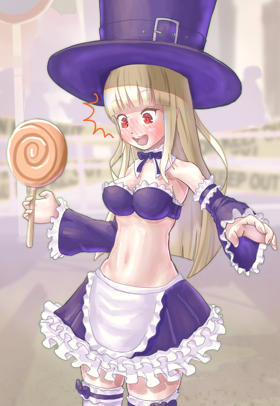 1girl apron blonde_hair blush bra candy capcom_fighting_jam choker commentary_request detached_sleeves food frilled_apron frilled_bra frilled_legwear frilled_skirt frilled_sleeves frills hat highres ingrid_(capcom) lollipop long_hair midnight_bliss open_mouth purple_bra purple_sleeves red_eyes ribbon_choker schiff_o3o skirt solo thigh-highs top_hat underwear white_legwear