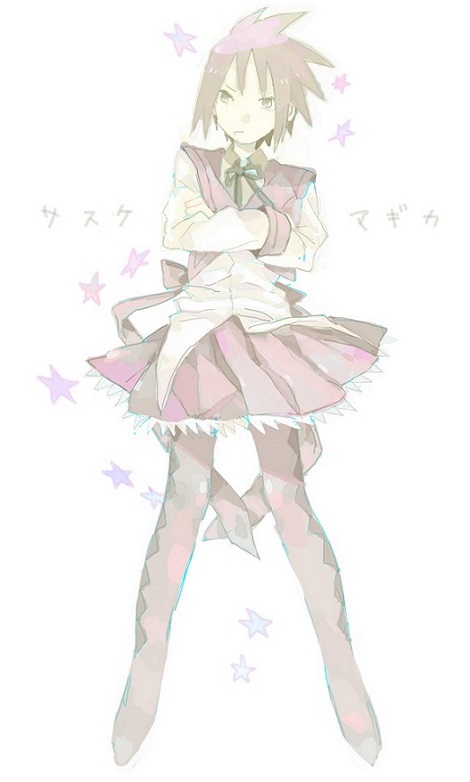 1boy 340704_(artist) akemi_homura akemi_homura_(cosplay) cosplay crossdressinging crossed_arms mahou_shoujo_madoka_magica male_focus naruto skirt solo standing uchiha_sasuke