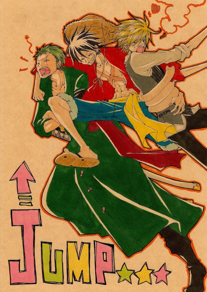 3boys black_hair blonde_hair formal green_hair hat maruco007 monkey_d_luffy multiple_boys one-eyed one_piece open_clothes open_mouth open_shirt red_shirt robe roronoa_zoro rubber running sandals sanji sash scar shirt shorts smile straw_hat suit traditional_media trio waistcoat