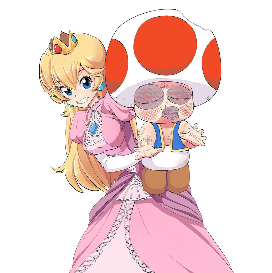 1boy 1girl angry bangs black_eye blonde_hair blood blue_eyes bruise clenched_teeth commentary crown dress earrings elbow_gloves gloves hiding injury jewelry long_hair mini_crown nintendo nisego nosebleed pink_dress princess_peach simple_background super_mario_bros. super_smash_bros. toad toad_(mario) white_background