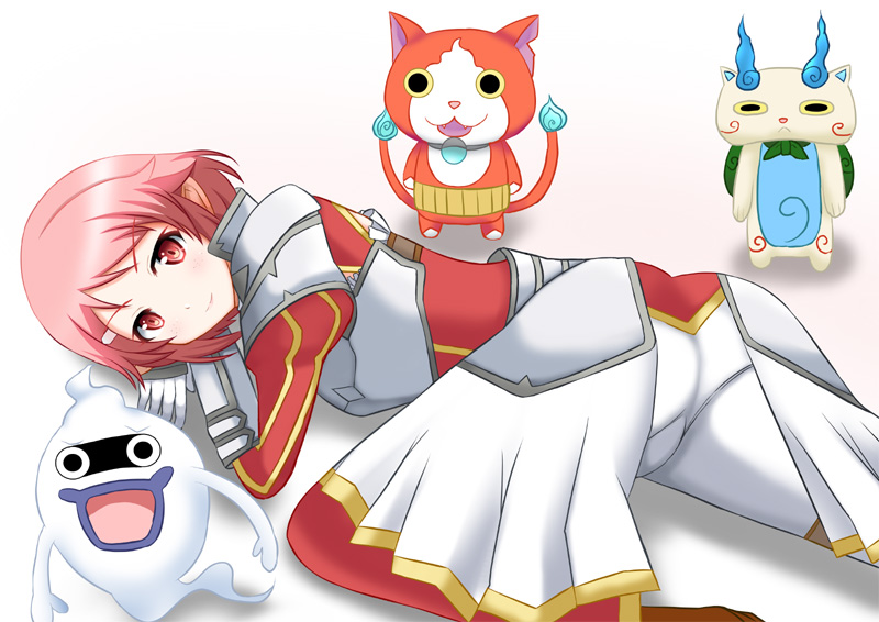 1girl armor ass blush boots breastplate crossover faulds freckles ghost gloves hair_ornament hairclip jibanyan koma-san komasan lisbeth lisbeth_(sao-alo) looking_at_viewer lying natsuzakura_yuuki on_stomach pants pantylines pointy_ears puffy_sleeves red_eyes redhead short_hair showgirl_skirt skirt smile sword_art_online whisper_(youkai_watch) youkai_watch