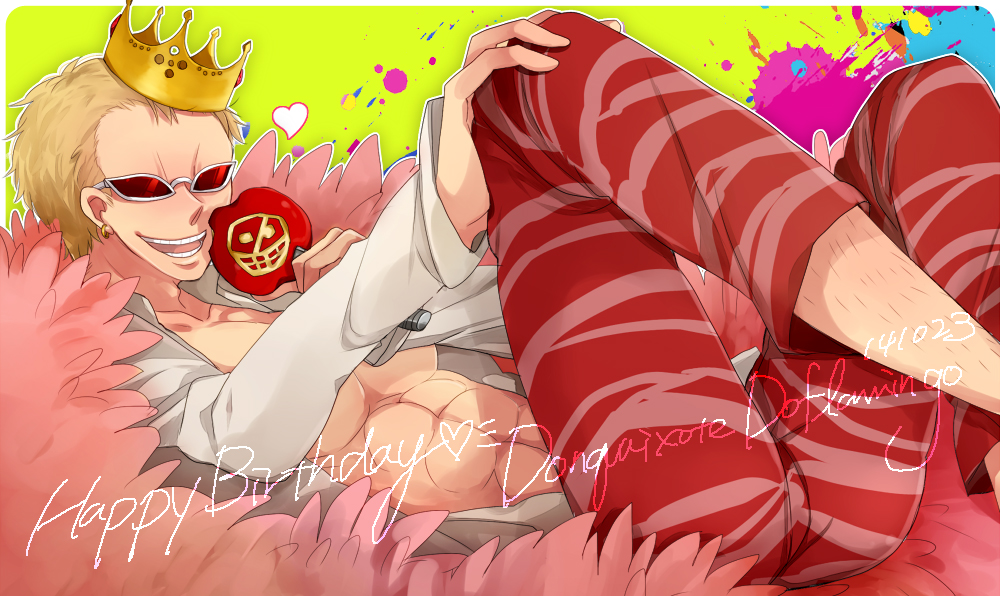 1boy apple birthday blonde_hair character_name donquixote_doflamingo donquixote_pirates food fruit jolly_roger knife lying moke03 on_back one_piece open_clothes open_shirt pirate shichibukai shirt smile sunglasses