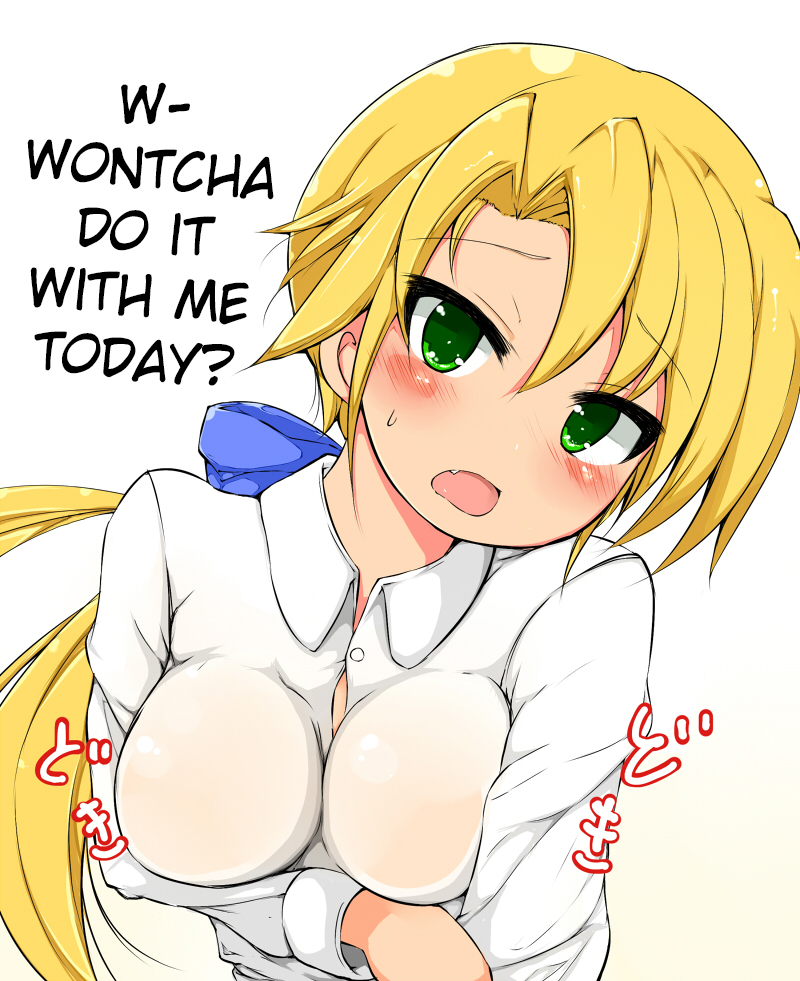 1girl blonde_hair blush breast_hold breasts fang female goyouga-deann green_eyes hard_translated kuroi_nanako long_hair looking_at_viewer lucky_star open_mouth ponytail shirt simple_background solo sweat text translated white_background white_shirt