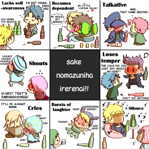 alcohol bottle caesar_anthonio_zeppeli character_request dio_brando drunk giorno_giovanna guido_mista gyro_zeppeli higashikata_jousuke higashikata_jousuke_(jojolion) hirose_kouichi hirose_yasuho johnny_joestar jojo_no_kimyou_na_bouken jonathan_joestar joseph_joestar_(young) kakyouin_noriaki kuujou_jolyne kuujou_joutarou sake