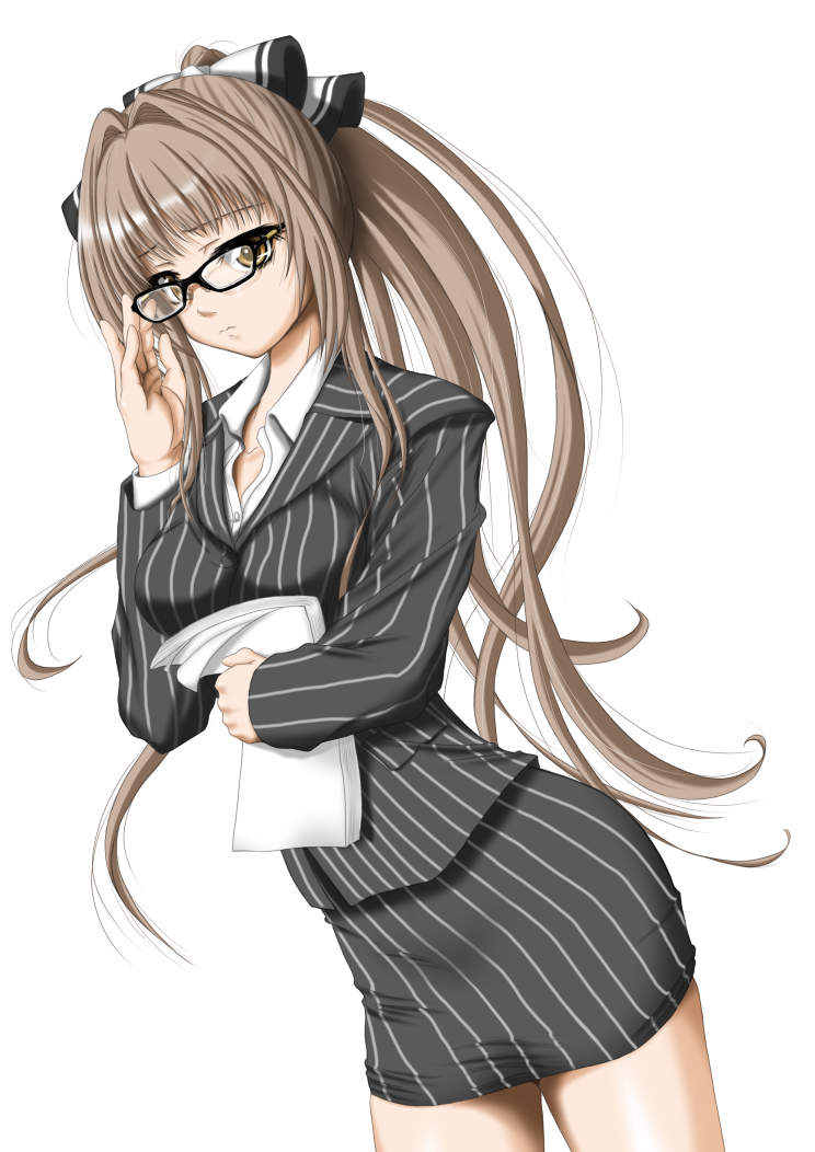 1girl amagi_brilliant_park artist_request breasts brown_eyes brown_hair business_suit formal glasses hair_intakes hair_ribbon long_hair long_sleeves pinstripe_suit ponytail ribbon sento_isuzu shiny shirt simple_background skirt skirt_suit solo standing striped suit thighs very_long_hair white_background