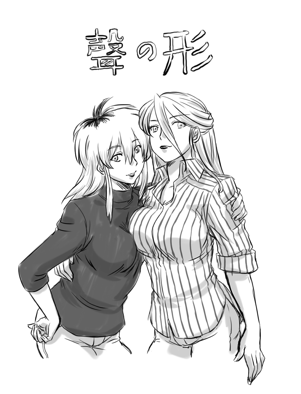 2girls breasts dress_shirt female hand_on_another's_shoulder hand_on_hip highres ishida_shouya's_mother koe_no_katachi long_hair looking_at_viewer mature milf monochrome multiple_girls nishimiya_shouko's_mother shirt side-by-side sidelocks turtleneck xeno_neko