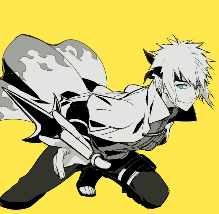 1boy bandage blue_eyes cape flak_jacket forehead_protector greyscale headband holster inru looking_at_viewer male_focus monochrome namikaze_minato naruto smile solo spot_color thigh_holster weapon yellow_background