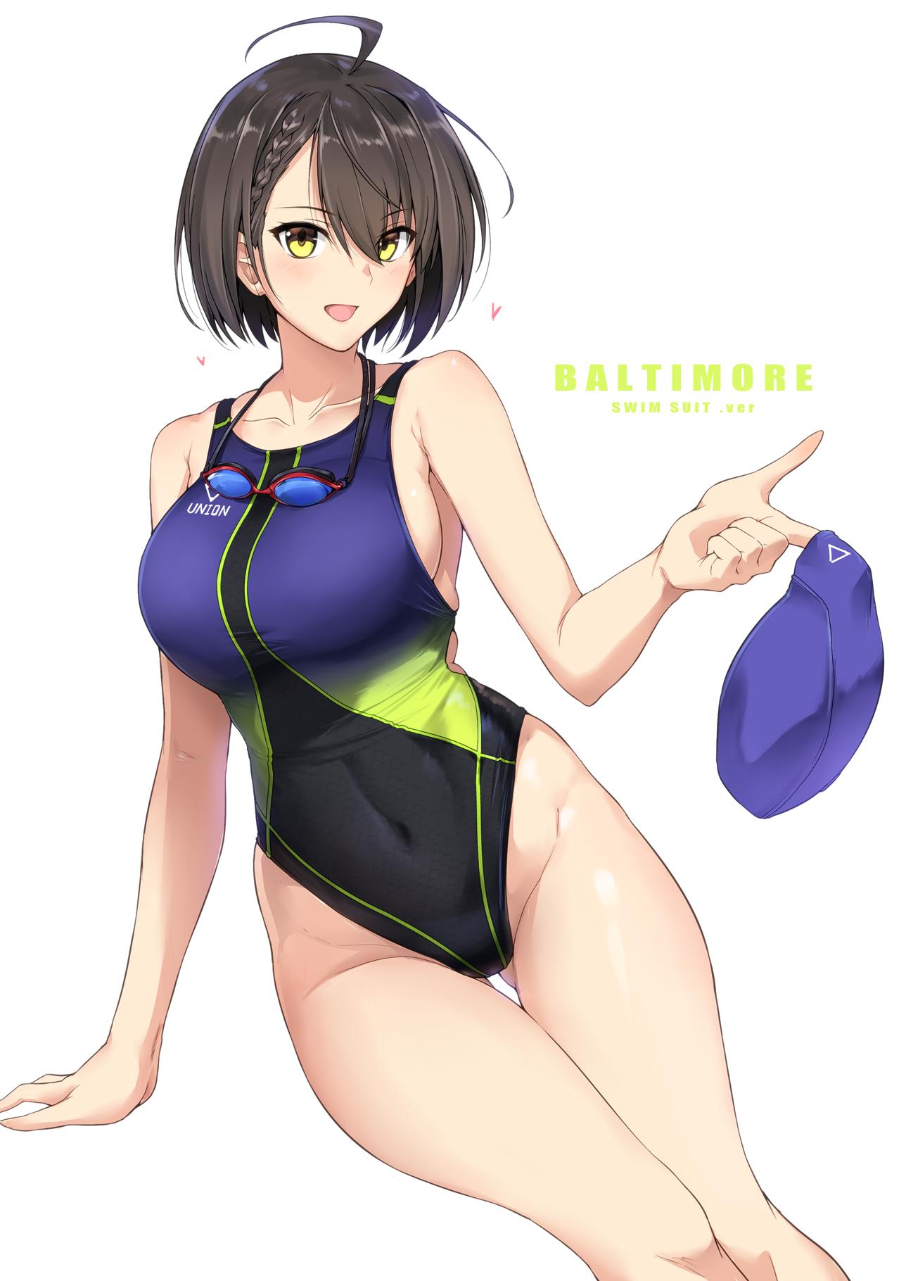 1girl ahoge arm_support azur_lane baltimore_(azur_lane) bangs bare_shoulders blush braid breasts brown_hair character_name collarbone commentary_request competition_swimsuit covered_navel goggles goggles_around_neck groin hair_between_eyes harukon_(halcon) heart highleg highleg_swimsuit highres holding large_breasts looking_at_viewer multicolored multicolored_clothes multicolored_swimsuit one-piece_swimsuit open_mouth short_hair simple_background sitting skindentation smile solo swim_cap swimsuit thighs white_background yellow_eyes