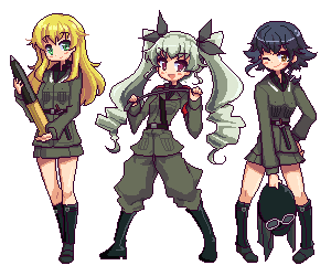 3girls ammunition anchovy belt blonde_hair blue_hair boots brown_eyes carpaccio drill_hair female full_body girls_und_panzer goggles goggles_on_hat green_eyes green_hair hat helmet jacket long_hair long_sleeves looking_at_viewer lowres military military_uniform multiple_girls open_mouth pants pepperoni_(girls_und_panzer) pixel_art ribbon riding_crop sai_koro shirt short_hair skirt smile standing tank_shell transparent_background twin_drills twintails uniform violet_eyes wink