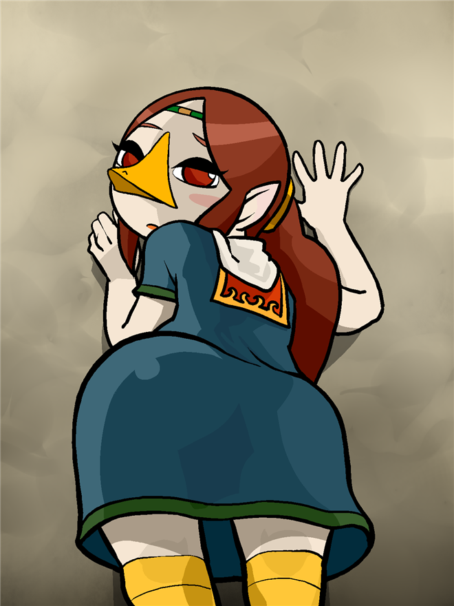 1girl artist_request ass brown_hair looking_at_viewer looking_back medli red_eyes rito the_legend_of_zelda the_legend_of_zelda:_the_wind_waker