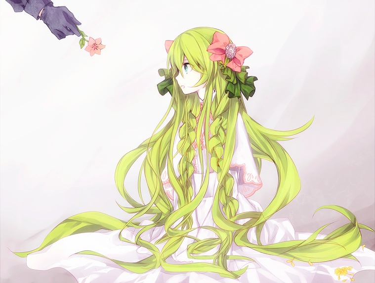 1girl asanagi_00 bangs blonde_hair bow braid dress flower green_hair hair_between_eyes personification pink_bow pokemon profile shaymin sitting twin_braids white_dress