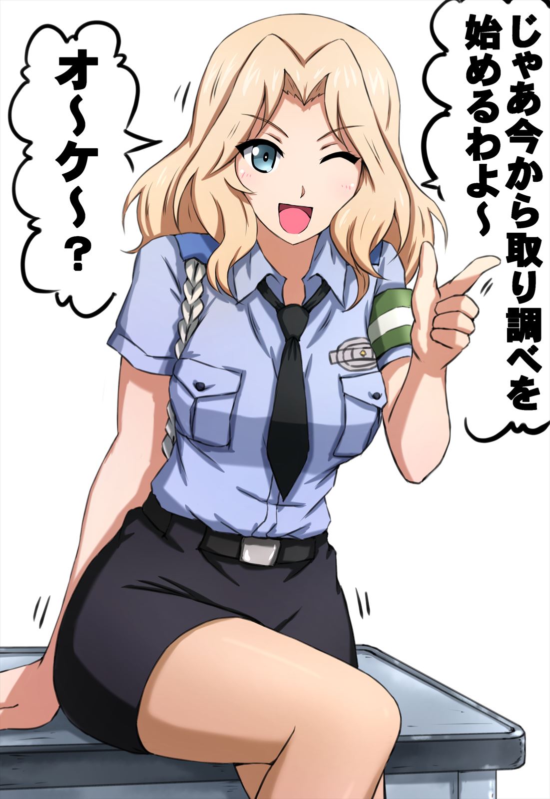 1girl alternate_costume armband black_neckwear black_skirt blonde_hair blue_eyes blue_shirt blush breast_pocket breasts desk fidgeting girls_und_panzer hair_intakes highres kay_(girls_und_panzer) long_hair medium_breasts necktie omachi_(slabco) on_desk one_eye_closed pocket police police_uniform policewoman shirt sitting sitting_on_desk skirt smile solo translation_request uniform white_backgroundrn