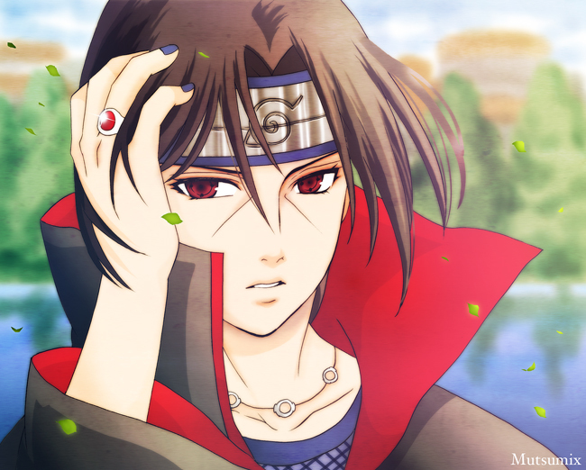 1boy blue_sky clouds forest leaf male_focus mutsumix naruto nature outdoors portrait sky solo uchiha_itachi water